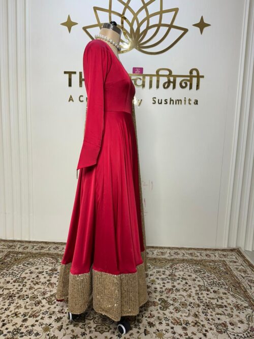Red Satin Anarkali with Golden Sequin Dupatta - Image 3