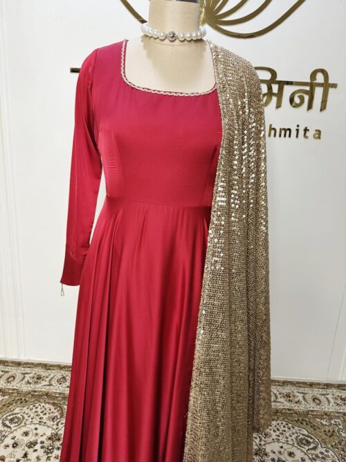 Red Satin Anarkali with Golden Sequin Dupatta - Image 2