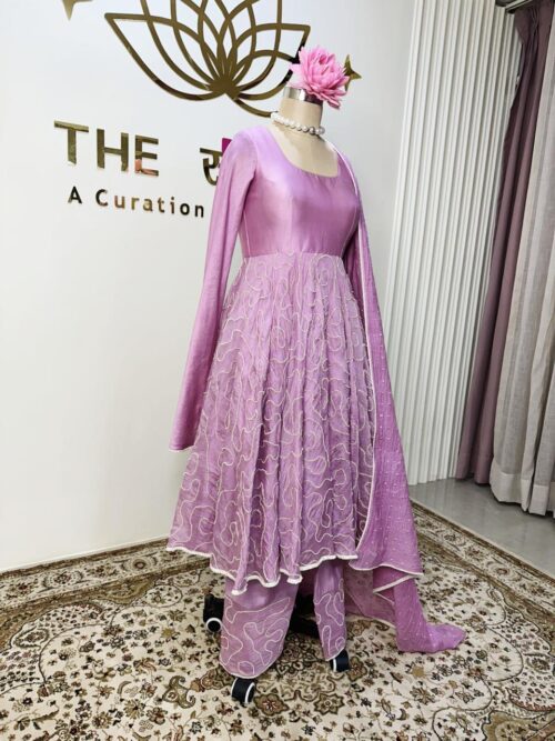 Lavender Pearl Work Chanderi Suit Set - Image 2
