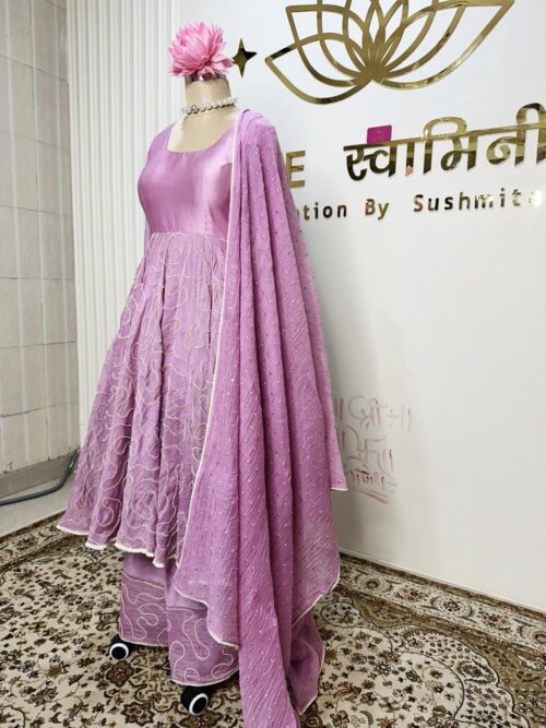 Lavender Pearl Work Chanderi Suit Set - Image 4