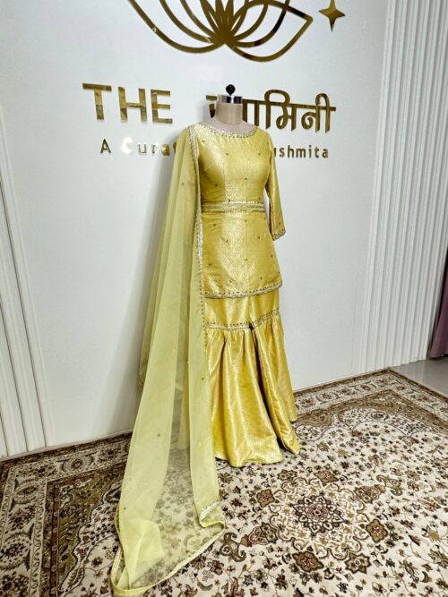 Yellow Garara Set fabric Brocade Dupatta Fabric Organza - Image 3