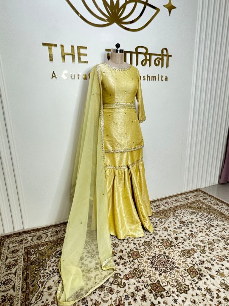 Yellow Garara Set fabric Brocade Dupatta Fabric Organza - Image 3
