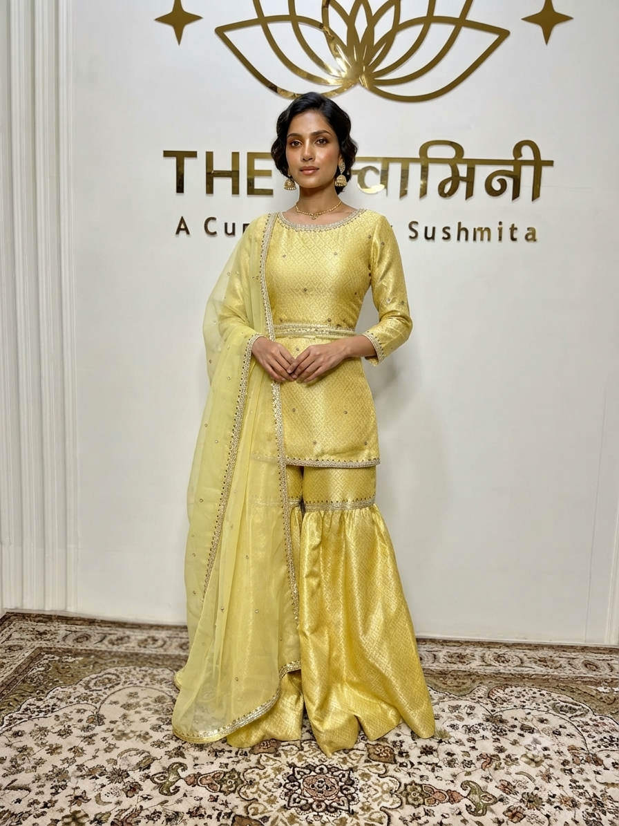 Yellow Garara Set with Brocade Kurti & Organza Dupatta | Designer Ethnic Wear Indian model wearing a radiant yellow brocade fabric short kurti and matching garara paired with an organza dupatta by The Swamini by Sushmita.