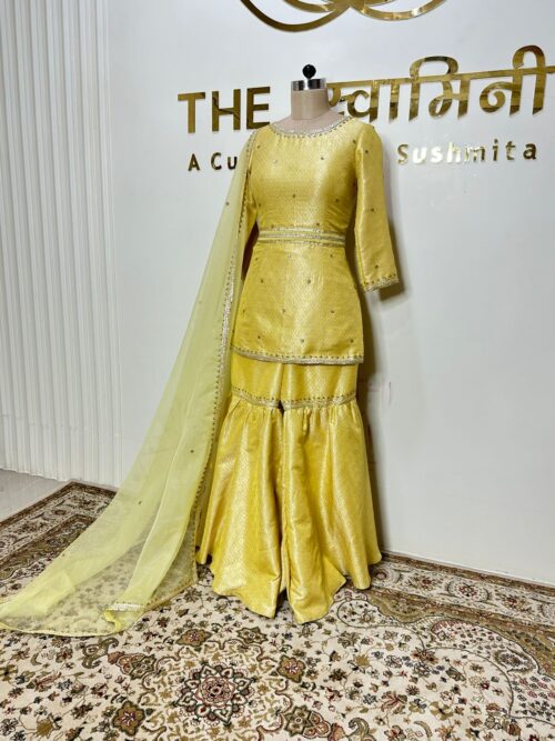 Yellow Garara Set fabric Brocade Dupatta Fabric Organza - Image 2