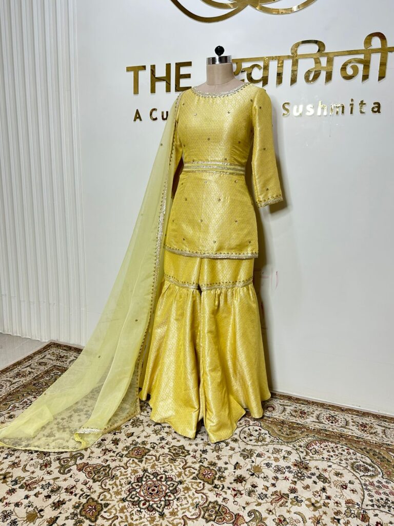 Yellow Garara Set fabric Brocade Dupatta Fabric Organza - Image 2