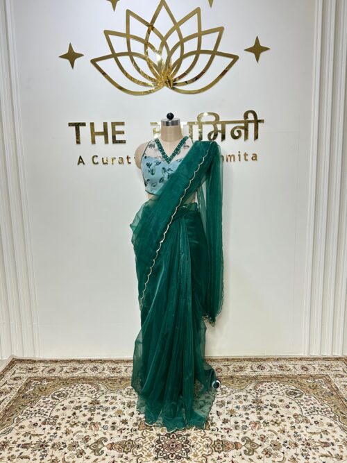 Green Saree with Printed Hand Work Blouse