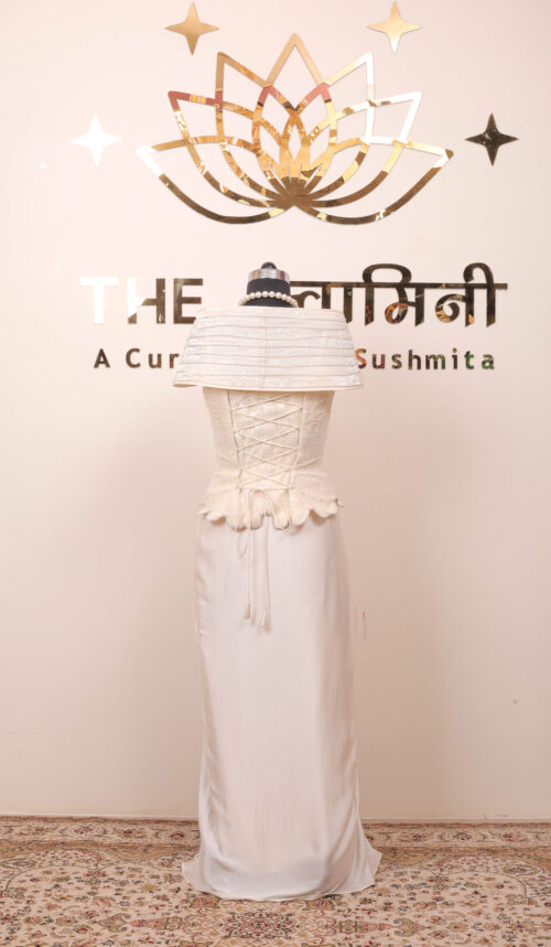 Off-White Embroidered Satin Dhoti Dress - Image 2