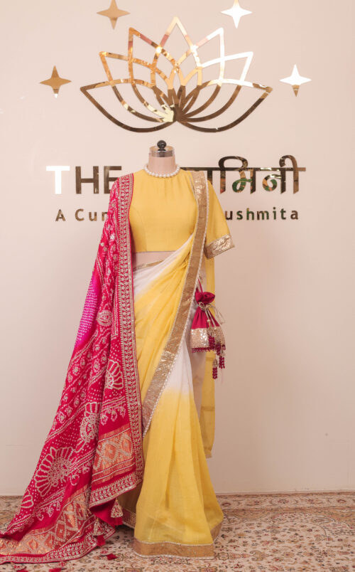 Royal Elegant Yellow Saree with Pink Bandhani Dupatta - Image 6