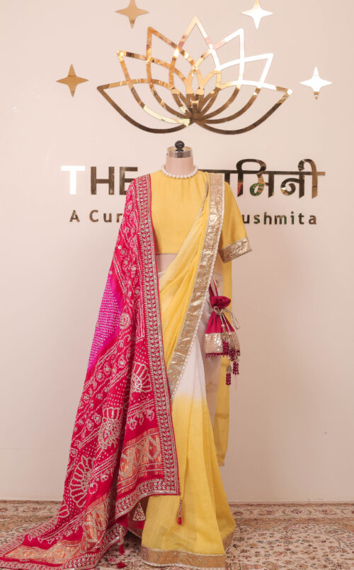 Royal Elegant Yellow Saree with Pink Bandhani Dupatta - Image 7