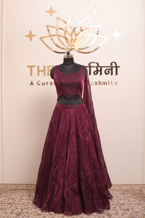 Maroon Indo-Western Cape Lehenga Set with Crop Top (3-Piece) - Image 4