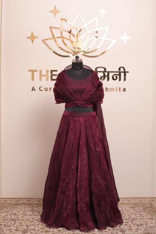 Maroon Indo-Western Cape Lehenga Set with Crop Top (3-Piece) - Image 5