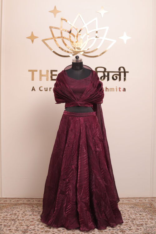 Maroon Indo-Western Cape Lehenga Set with Crop Top (3-Piece) - Image 3