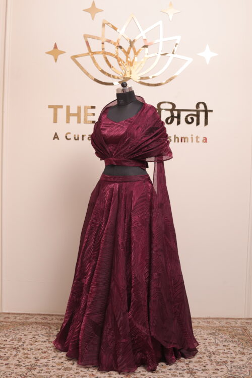 Maroon Indo-Western Cape Lehenga Set with Crop Top (3-Piece) - Image 6