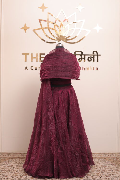 Maroon Indo-Western Cape Lehenga Set with Crop Top (3-Piece) - Image 7