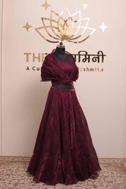 Maroon Indo-Western Cape Lehenga Set with Crop Top (3-Piece) - Image 8