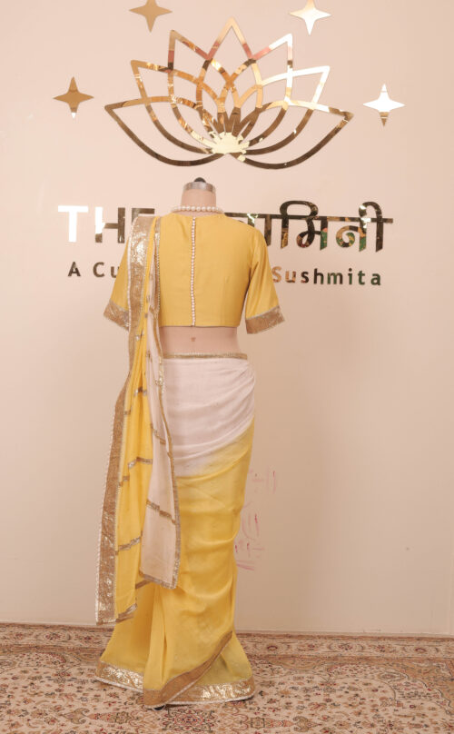 Royal Elegant Yellow Saree with Pink Bandhani Dupatta - Image 4