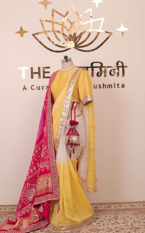 Royal Elegant Yellow Saree with Pink Bandhani Dupatta - Image 8