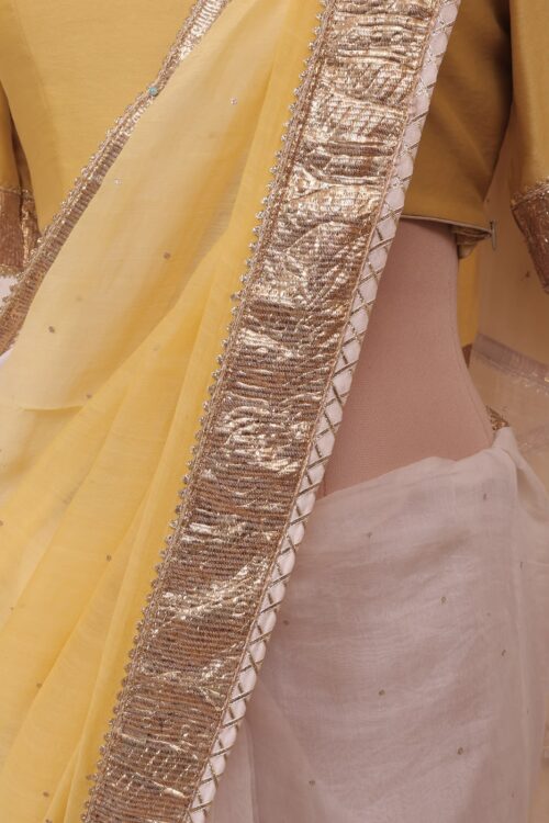 Royal Elegant Yellow Saree with Pink Bandhani Dupatta - Image 3