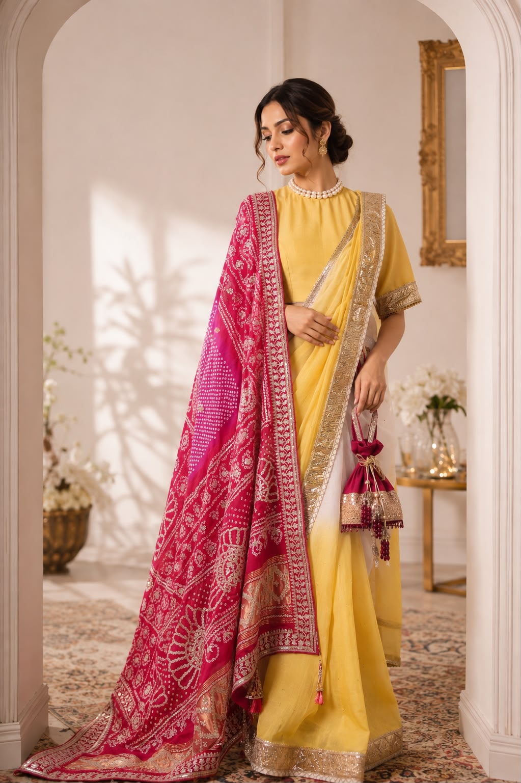 Royal Elegant Yellow Saree with Pink Bandhani Dupatta with model Royal Elegant Yellow Saree with Pink Bandhani Dupatta - Image 1