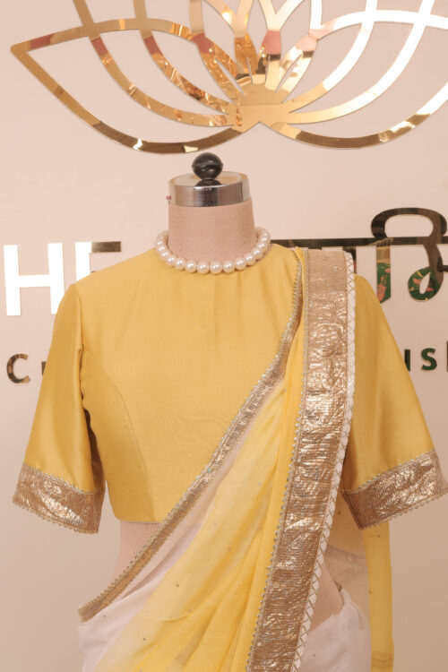 Royal Elegant Yellow Saree with Pink Bandhani Dupatta - Image 9