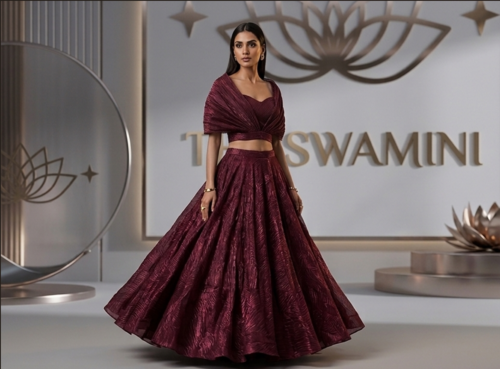Maroon Indo-Western 3-piece cape lehenga set on mannequin