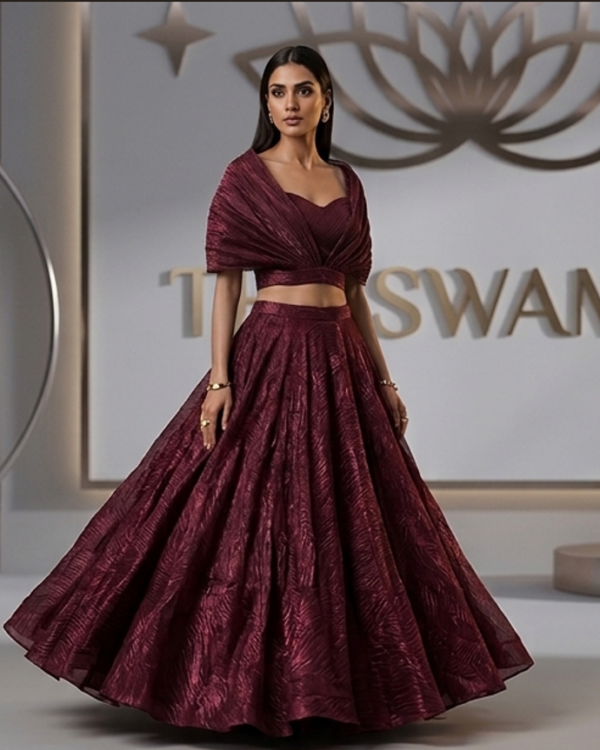 Maroon Indo-Western 3-piece cape lehenga set on mannequin
