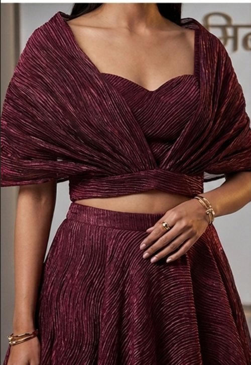 Maroon Indo-Western Cape Lehenga Set with Crop Top (3-Piece) - Image 2