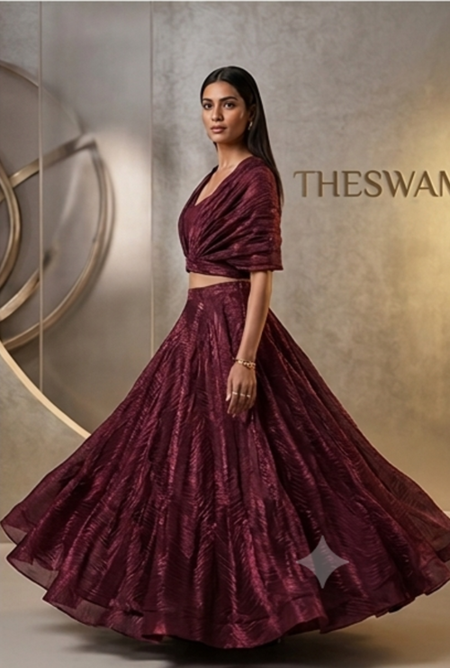 Maroon Indo-Western Cape Lehenga Set with Crop Top (3-Piece) - Image 3