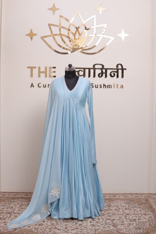 Sky Blue Chanderi Anarkali Suit with Silver Gota Work Dupatta - Image 12