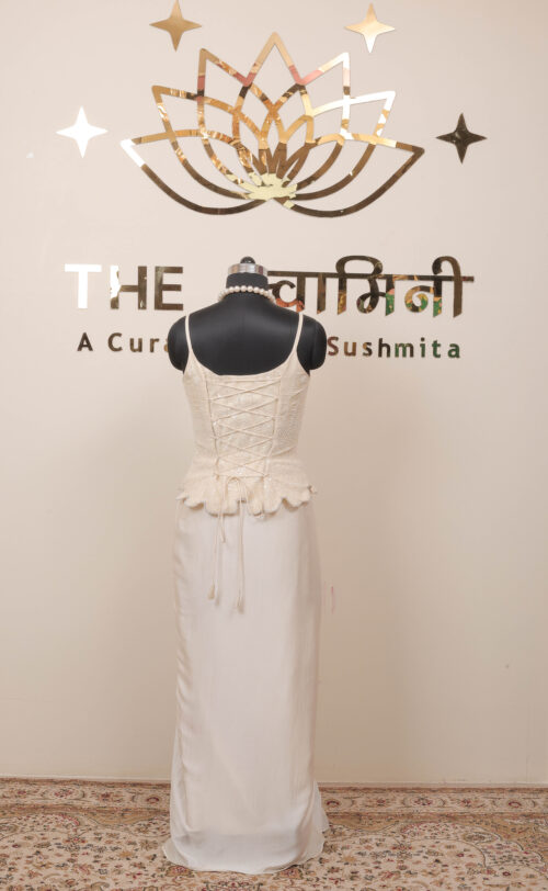 Off-White Embroidered Satin Dhoti Dress - Image 4
