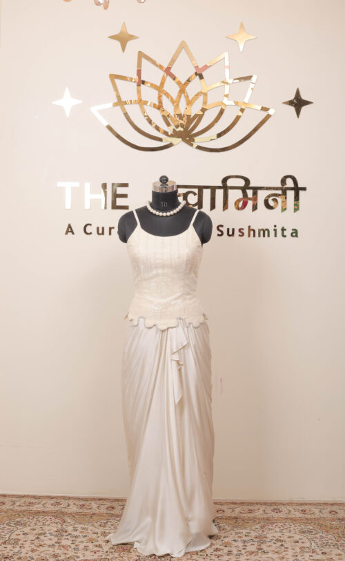 Off-White Embroidered Satin Dhoti Dress - Image 5