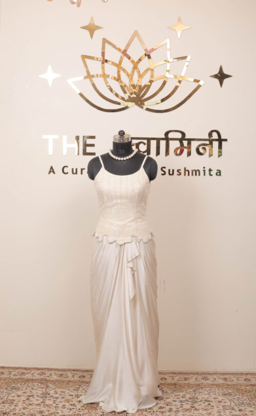 Off-White Embroidered Satin Dhoti Dress - Image 5