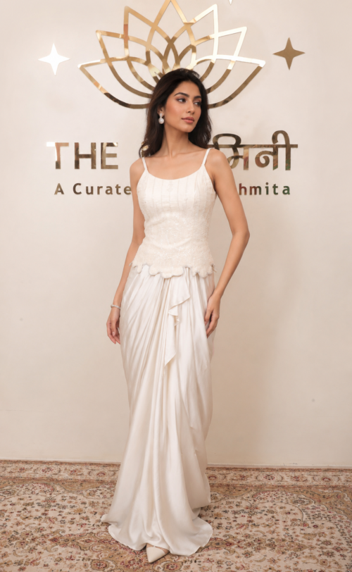 Off-White Embroidered Satin Dhoti Dress