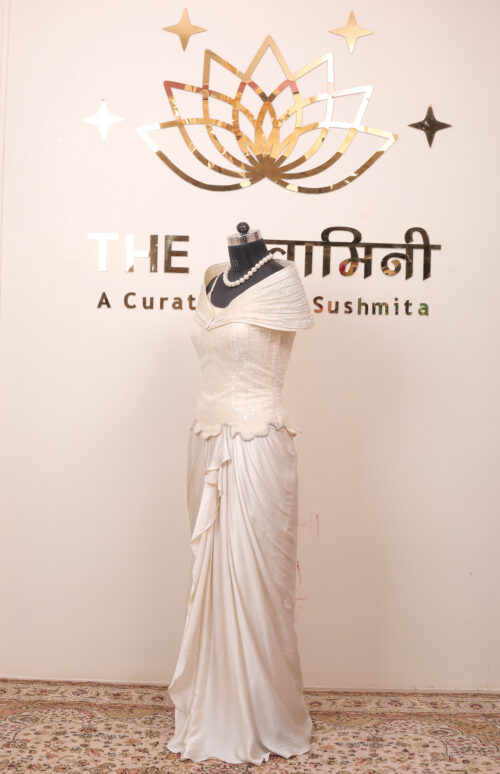 Off-White Embroidered Satin Dhoti Dress - Image 3