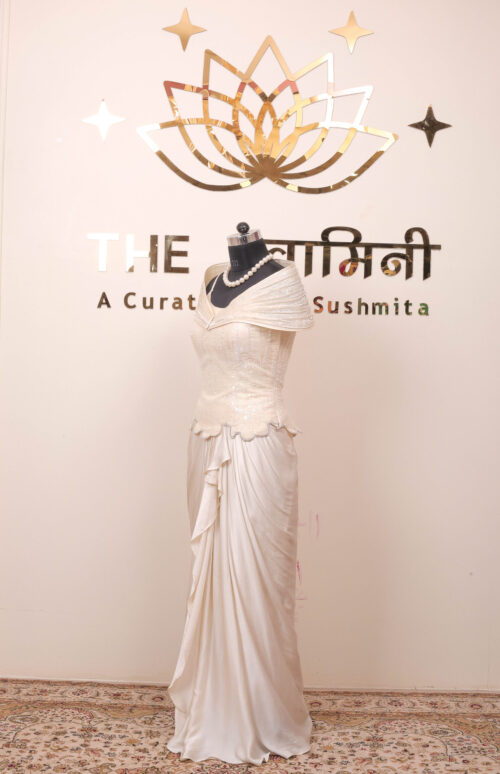 Off-White Embroidered Satin Dhoti Dress - Image 3