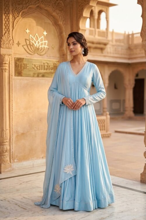 Sky blue Chanderi Anarkali suit with silver gota work and Chinon chiffon dupatta