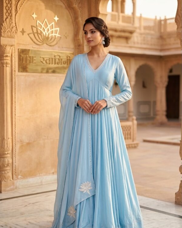Sky blue Chanderi Anarkali suit with silver gota work and Chinon chiffon dupatta