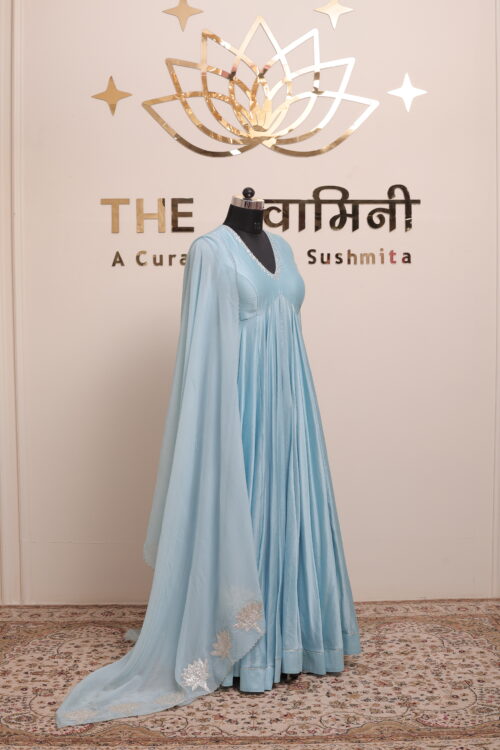 Sky Blue Chanderi Anarkali Suit with Silver Gota Work Dupatta - Image 9