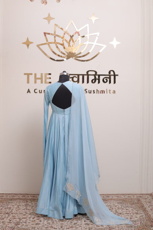 Sky Blue Chanderi Anarkali Suit with Silver Gota Work Dupatta - Image 4