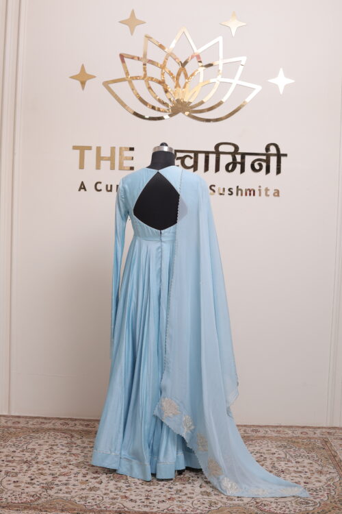 Sky Blue Chanderi Anarkali Suit with Silver Gota Work Dupatta - Image 3