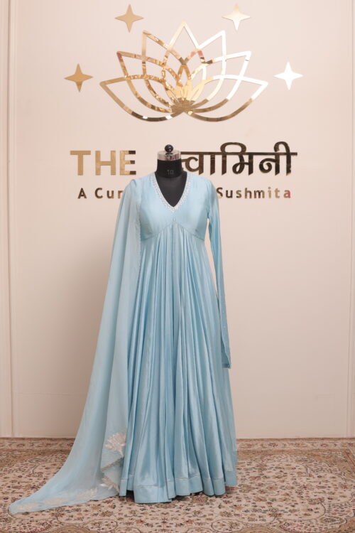 Sky Blue Chanderi Anarkali Suit with Silver Gota Work Dupatta - Image 11