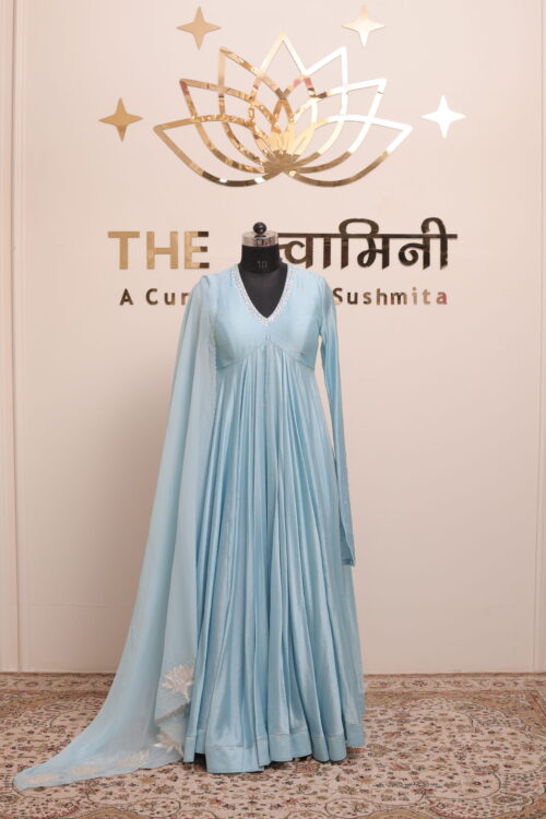 Sky Blue Chanderi Anarkali Suit with Silver Gota Work Dupatta - Image 11
