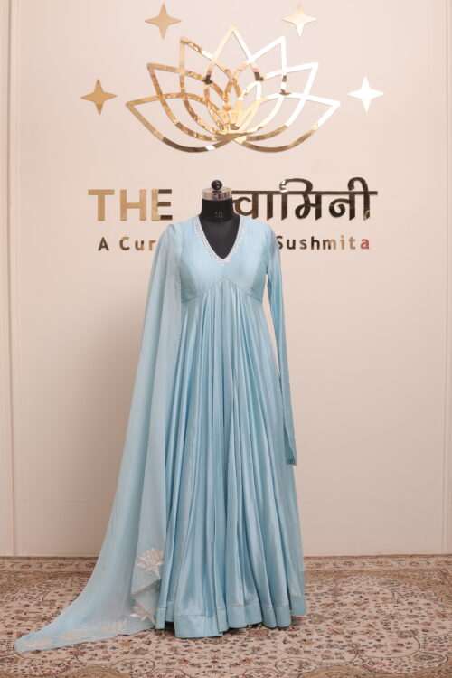 Sky Blue Chanderi Anarkali Suit with Silver Gota Work Dupatta - Image 10