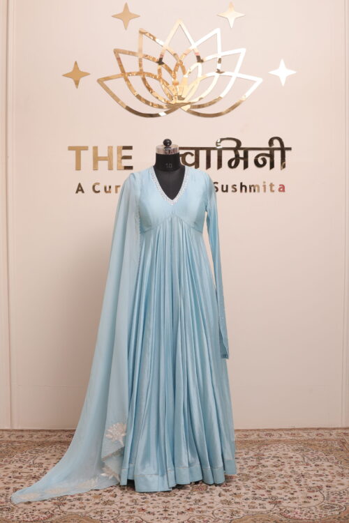 Sky Blue Chanderi Anarkali Suit with Silver Gota Work Dupatta - Image 10