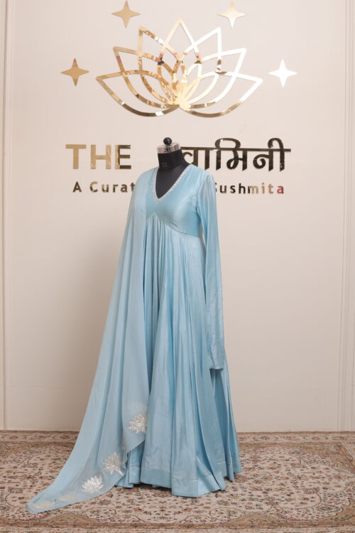 Sky Blue Chanderi Anarkali Suit with Silver Gota Work Dupatta - Image 6