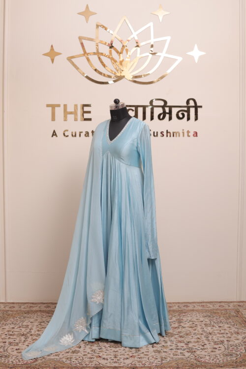 Sky Blue Chanderi Anarkali Suit with Silver Gota Work Dupatta - Image 7