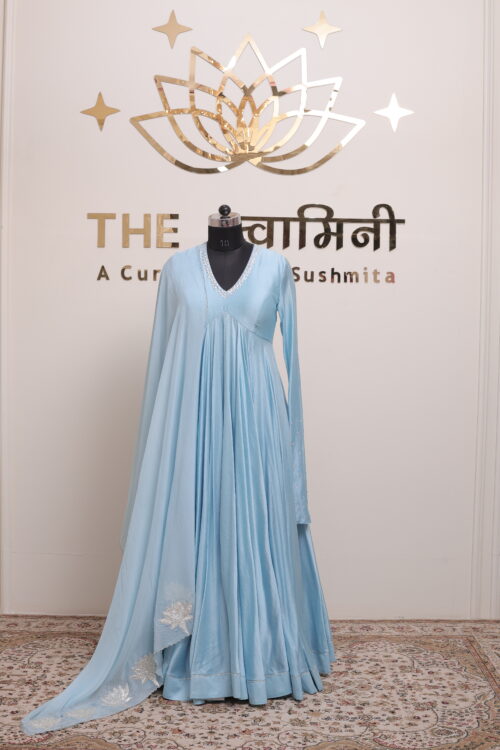 Sky Blue Chanderi Anarkali Suit with Silver Gota Work Dupatta - Image 5
