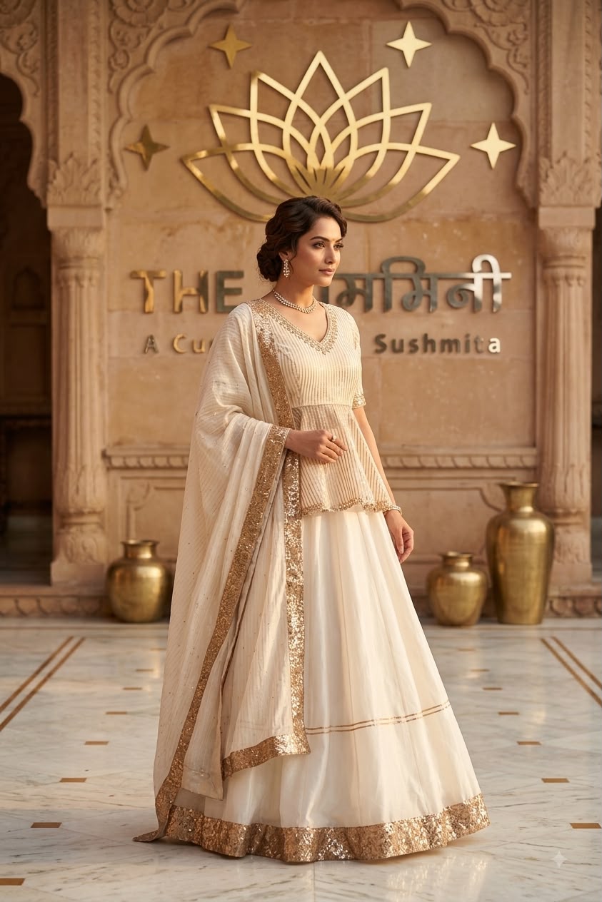 the-swamini-ivory-chanderi-peplum-lehenga-set-front.jpg Side profile showing the fit and structured silhouette of the peplum top and flared skirt.