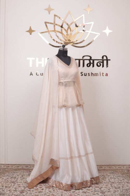 Ivory & Gold Striped Peplum Top with Flared Lehenga and Mal Chanderi Dupatta Set - Image 5