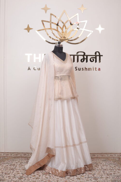 Ivory & Gold Striped Peplum Top with Flared Lehenga and Mal Chanderi Dupatta Set - Image 5